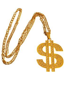 Gold Tone Dollar Sign Pendant Necklace Rhinestones Cosplay Hip Hop Iced Out NWOT